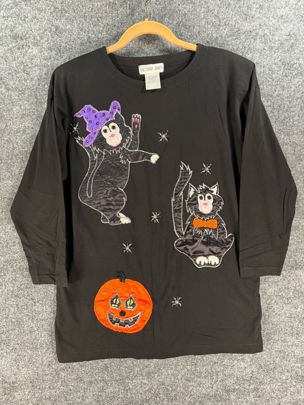 Vintage 90s Halloween Black Cat & Jackolantern Long T-shirt Top size M Sequin